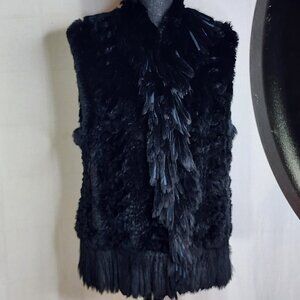 Vincent's Furs Woven and Dyed Black Genuine Rabbit Fur Vest w/Tassels Size 12-14